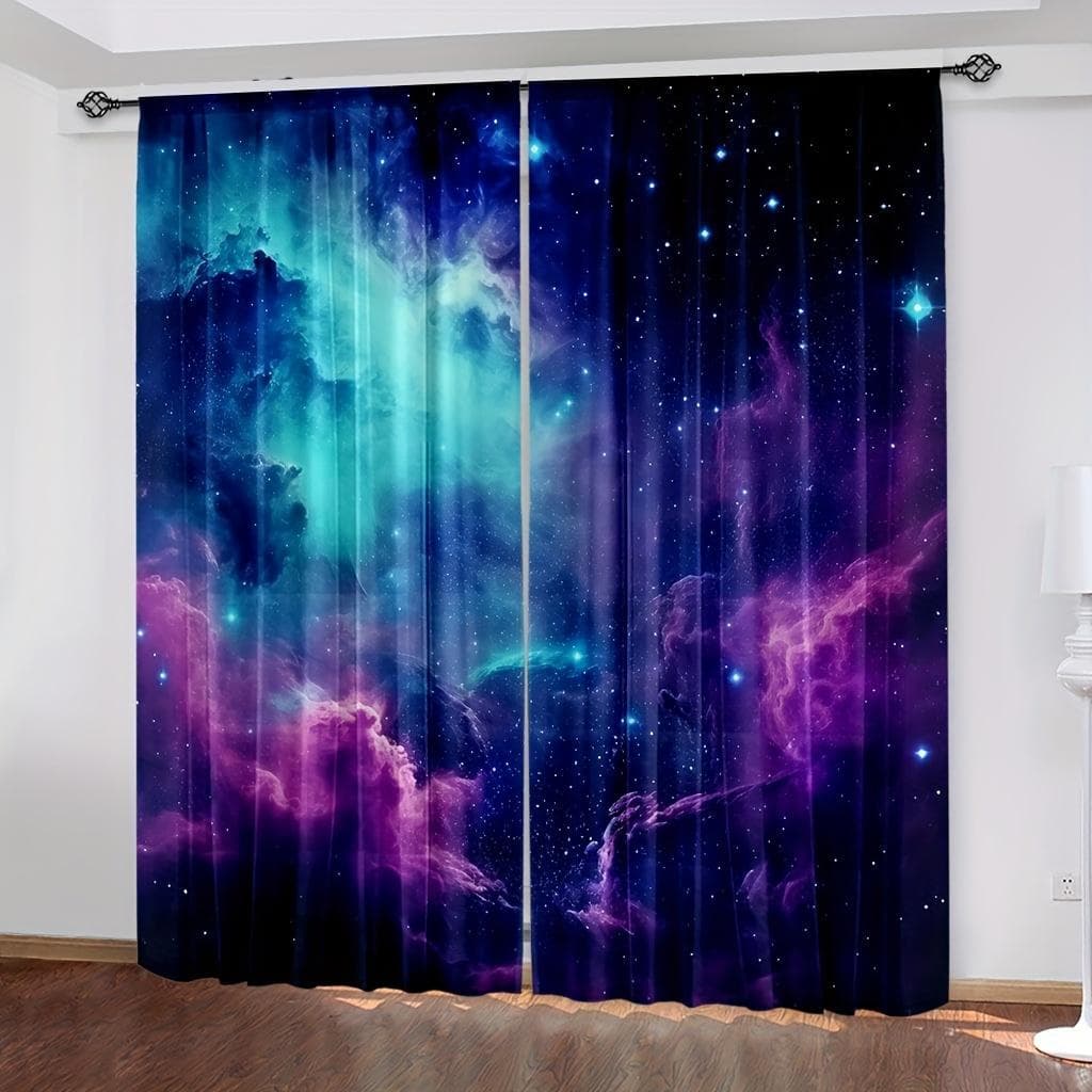 2pcs Galaxy Shining Stars Curtains,Rod Pocket Outer Space Starry Sky Star Printed Curtains,Window Drapes For Living Room Kitchen W65X60H(cm)X2Pcs&Hook