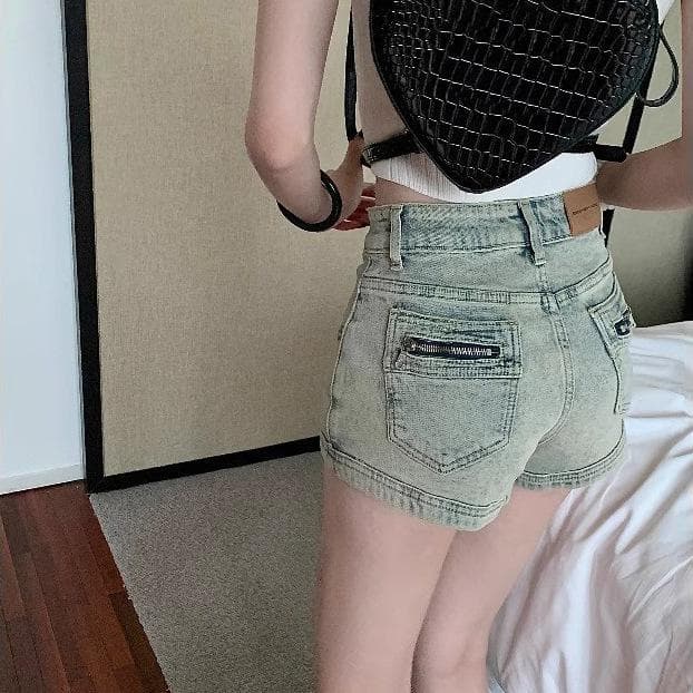 Straight Slim Hip High Waist A-line Pants Summer Ins Zipper Pocket Design Denim Shorts Women XL blue