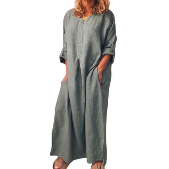 Newest Women Vintage Solid Color Long Sleeve O Neck Pockets Maxi Dress Tunic Kaftan 2XL grey