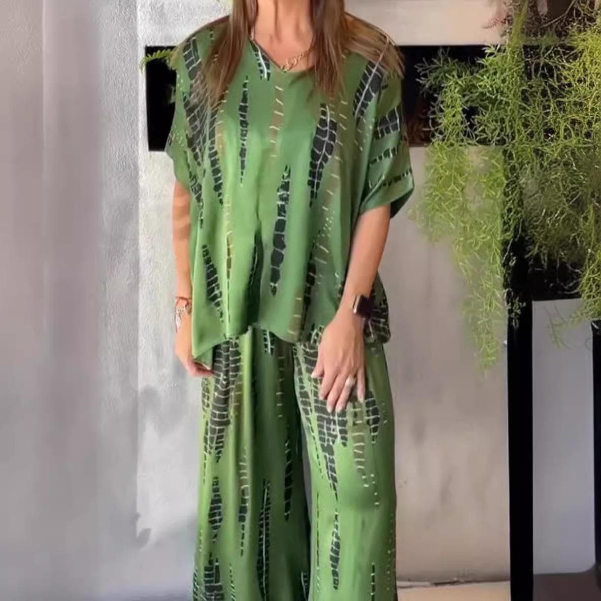 Women Full Sleeved Floral Printed Holiday Loose Suit Set 3XL green