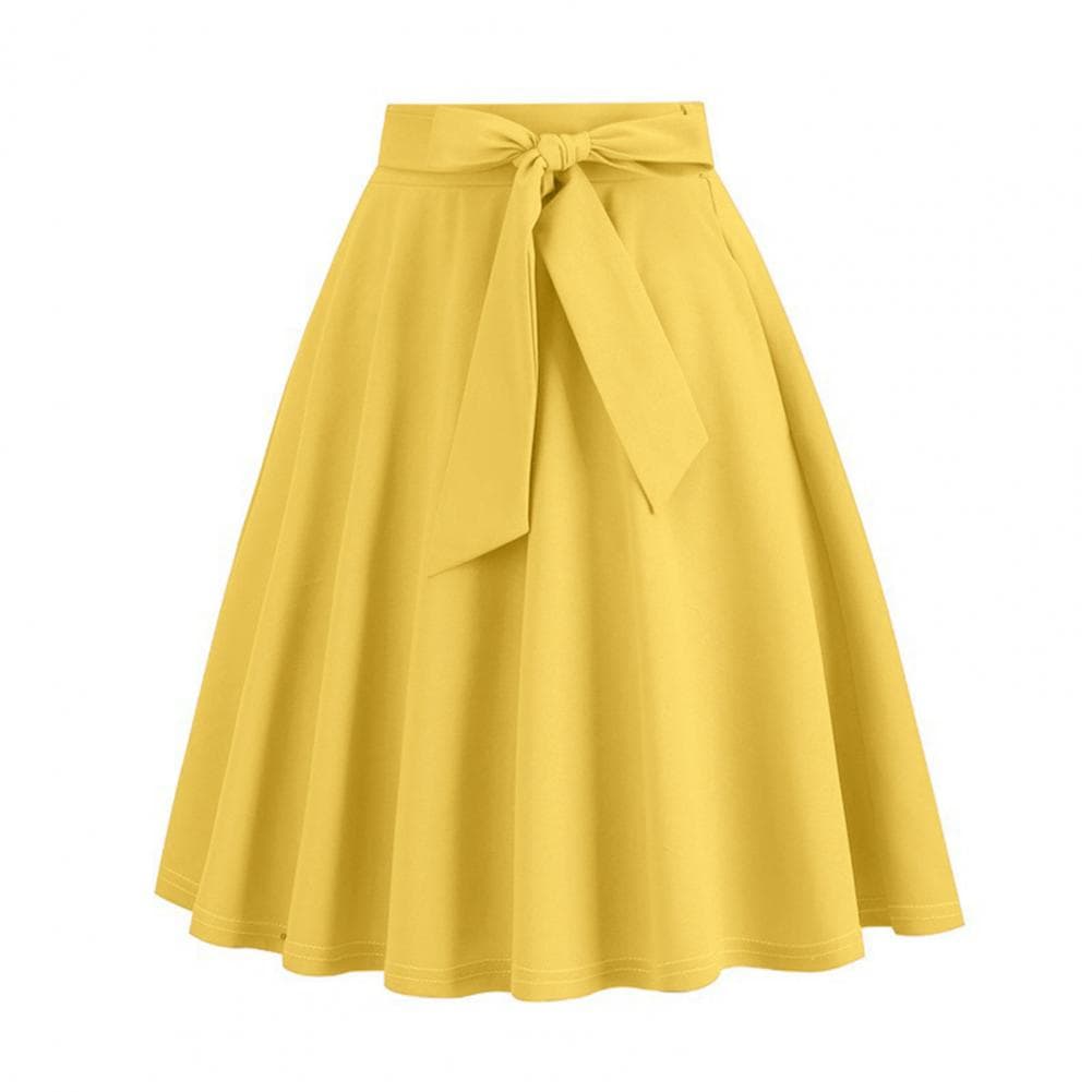 Women Skirt Belted Tight Waist Bow Decor A-line Big Swing Solid Color High Waist Soft Ruffle Summer Dating Party Midi Skirt XL yellow
