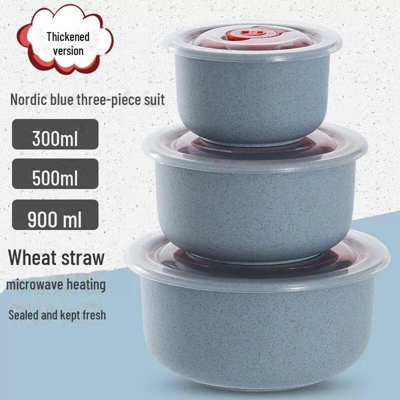 Eco-Friendly Wheat Straw Bowl Set: 3-Piece Food Storage with Lids, Microwave Safe for Reheating, Perfect for Fridge Use. three-piece set