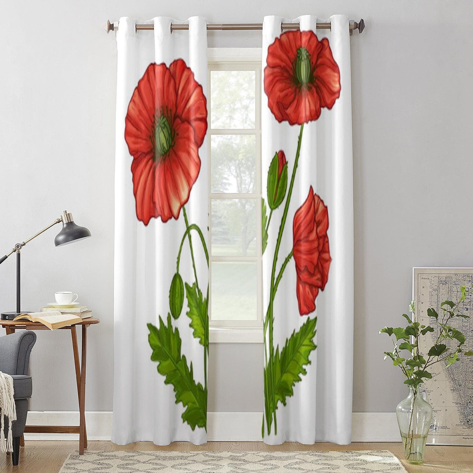 Modern Window Curtains with Poppies Flowers Luxury Fashion Curtains for Living Room Bedroom Kitchen Drapes 135W x 60H(cm) x1