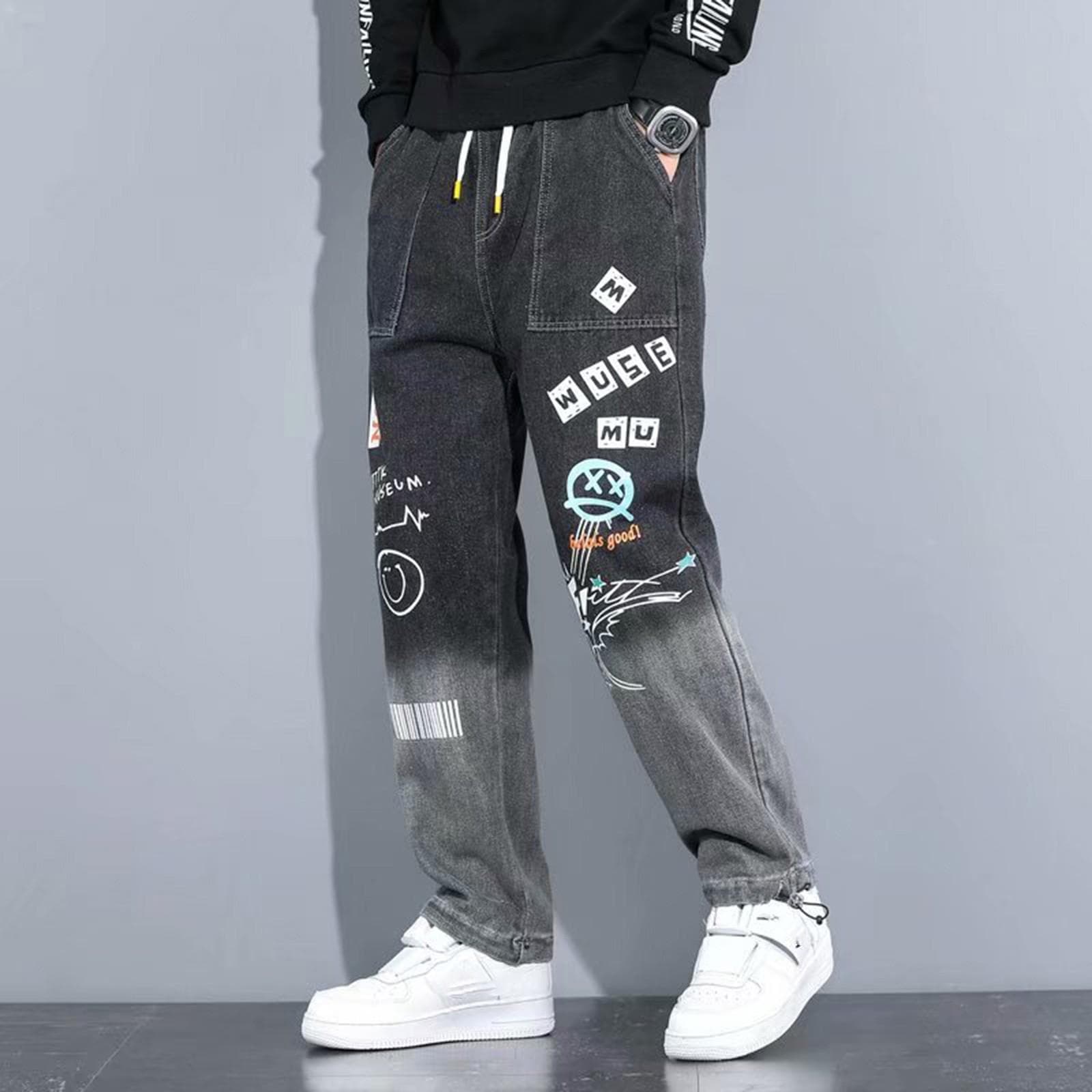 Letter-print Jeans Men's Fashion Loose Cartoon Corset I Drawstring Pants M