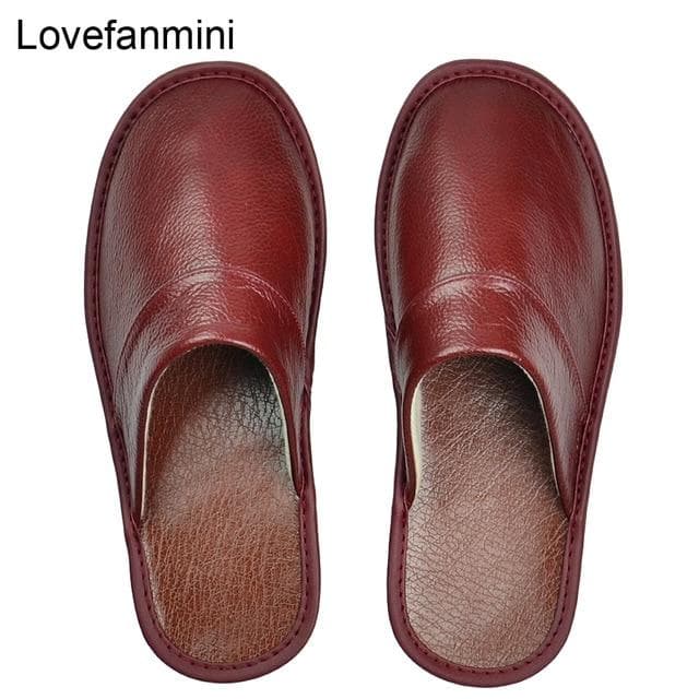 Cow Leather Slippers Men Big Sizes Linen Home Male Indoor House for Men's Slippers Women Man Slipper Luxury Soft Flat Shoes 38-39 red