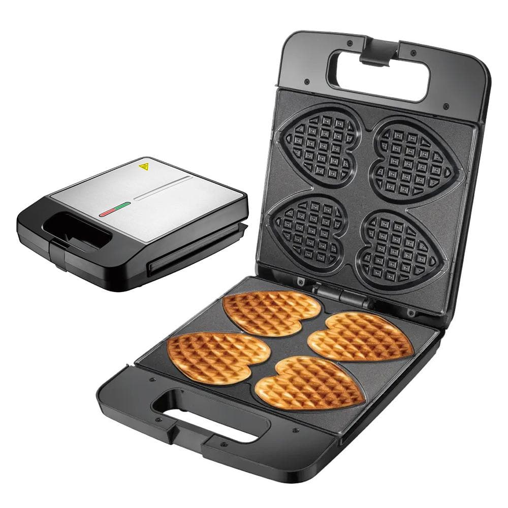 Heart Waffle Maker Non-Stick Coating 4 Belgian Heart Shaped Waffle Iron Stainless Steel 1400 Watts EU Plug black