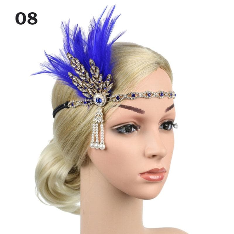 Women Hairband Headpiece Feather Flapper Headband Headdress Vintage Costume Party Rhinestone Feather Hairband Hair Accessories blue