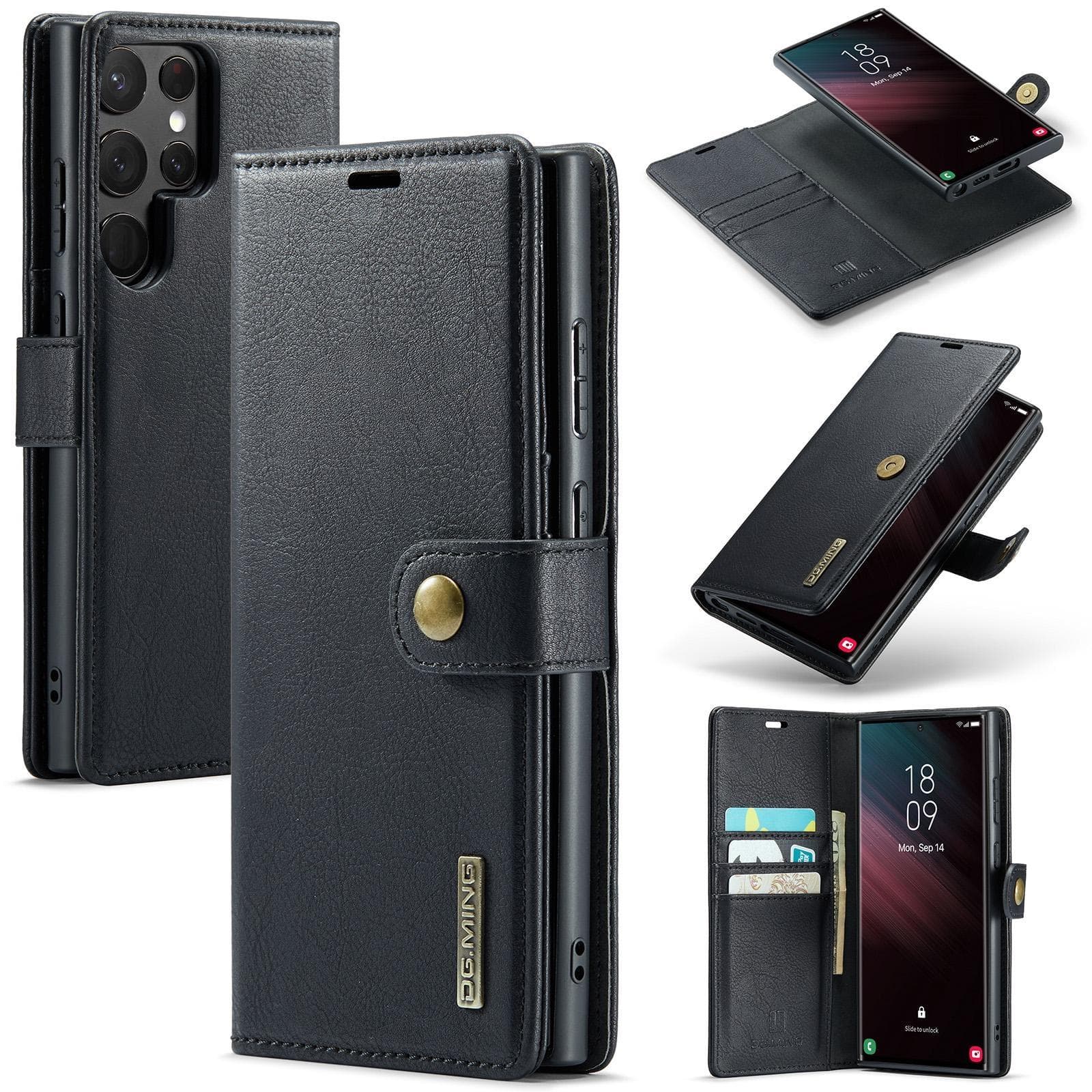 DG.MING 2 In1 Magnetic Detachable Cowhide Leather Wallet Phone Case for Samsung S23 S22 S21Ultra Plus S21 S20FE A14 A13 A53 /iPhone 15 14 13 12Pro Max Samsung A73 5G black