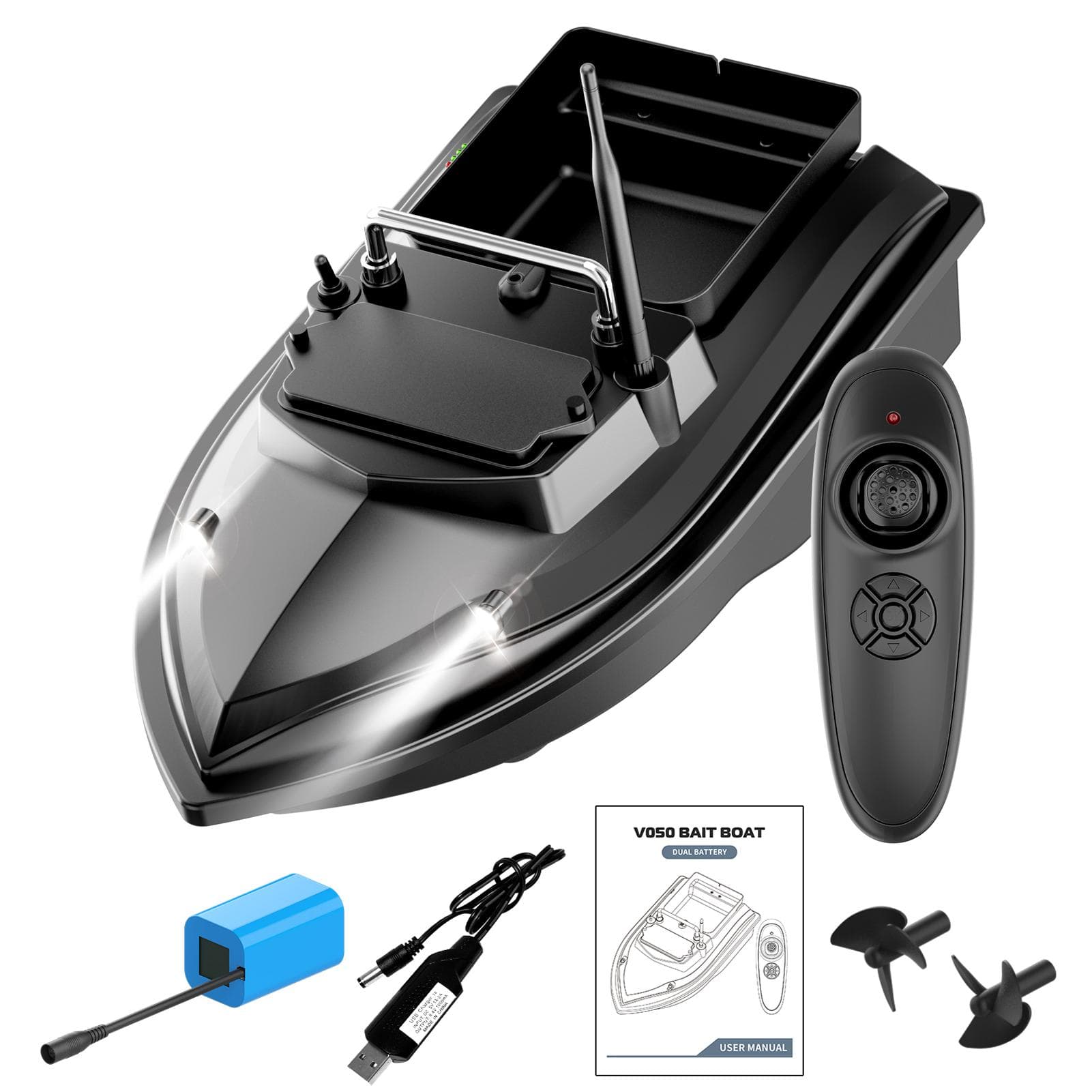 Fishing Bait Boat 500m Remote Control Bait Boat Dual Motor Fish Finder 2KG Loading Support 18000mAh black