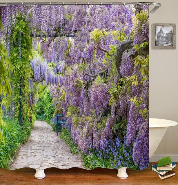 Home Wall Decor Shower Curtain 3D European Building Garden Flowers Patio Landscape Waterproof Polyester Bedroom Bathroom Curtain 180*200CM