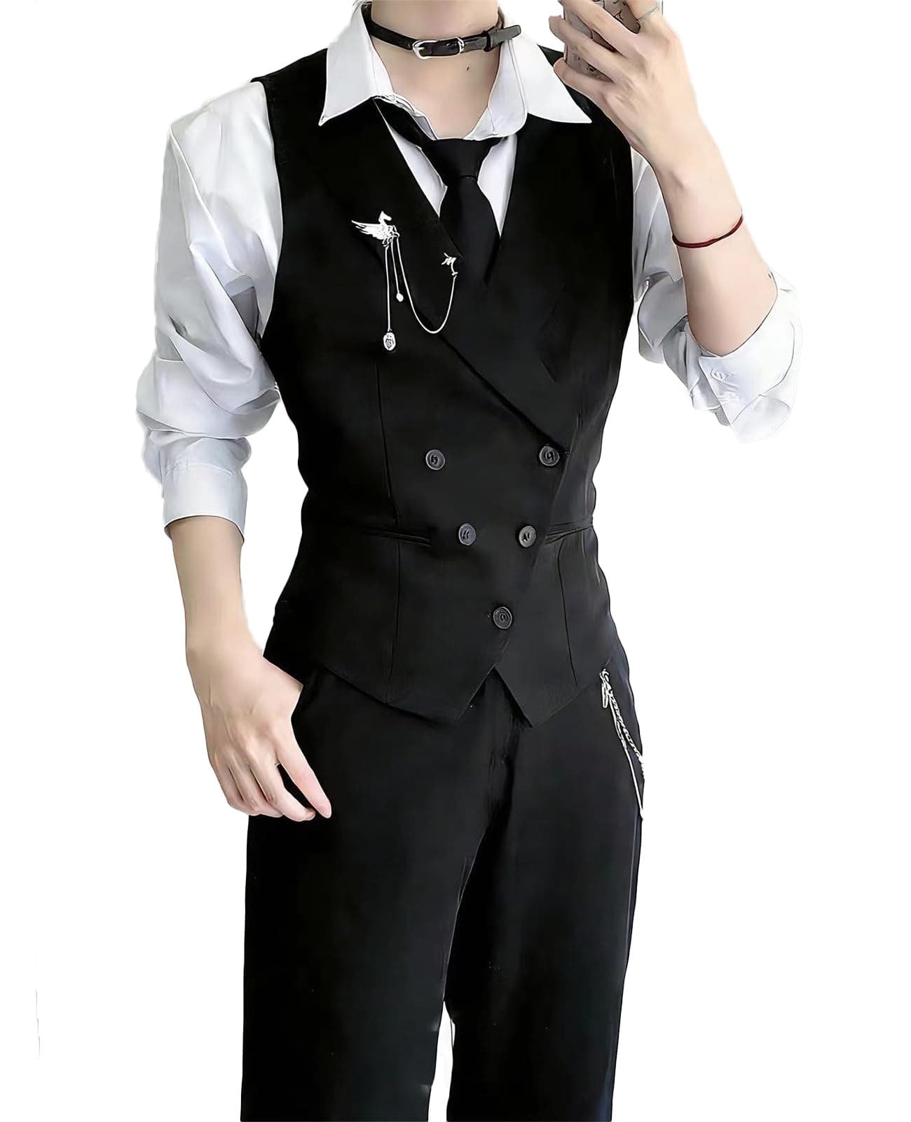 Butler Cosplay Costume Set Suit Vest Formal Gentleman Plain Shirt Pants Uniform Set White S [KALAOK] 5-Piece Men's Long-Sleeve white