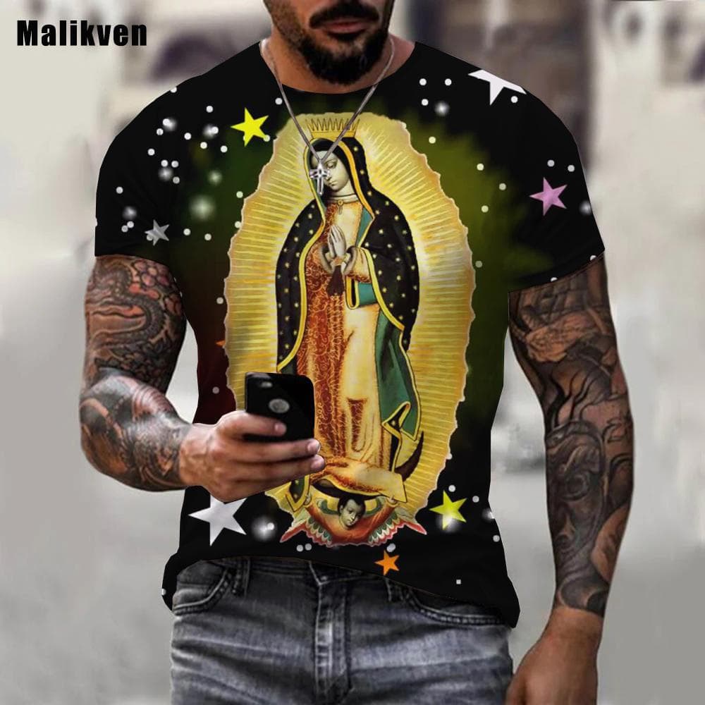 Guadalupe Virgin Mary Catholic Printed 3D T-shirt Men Summer Fashion Casual Clothes Harajuku Streetwear Tees Tops 5XL