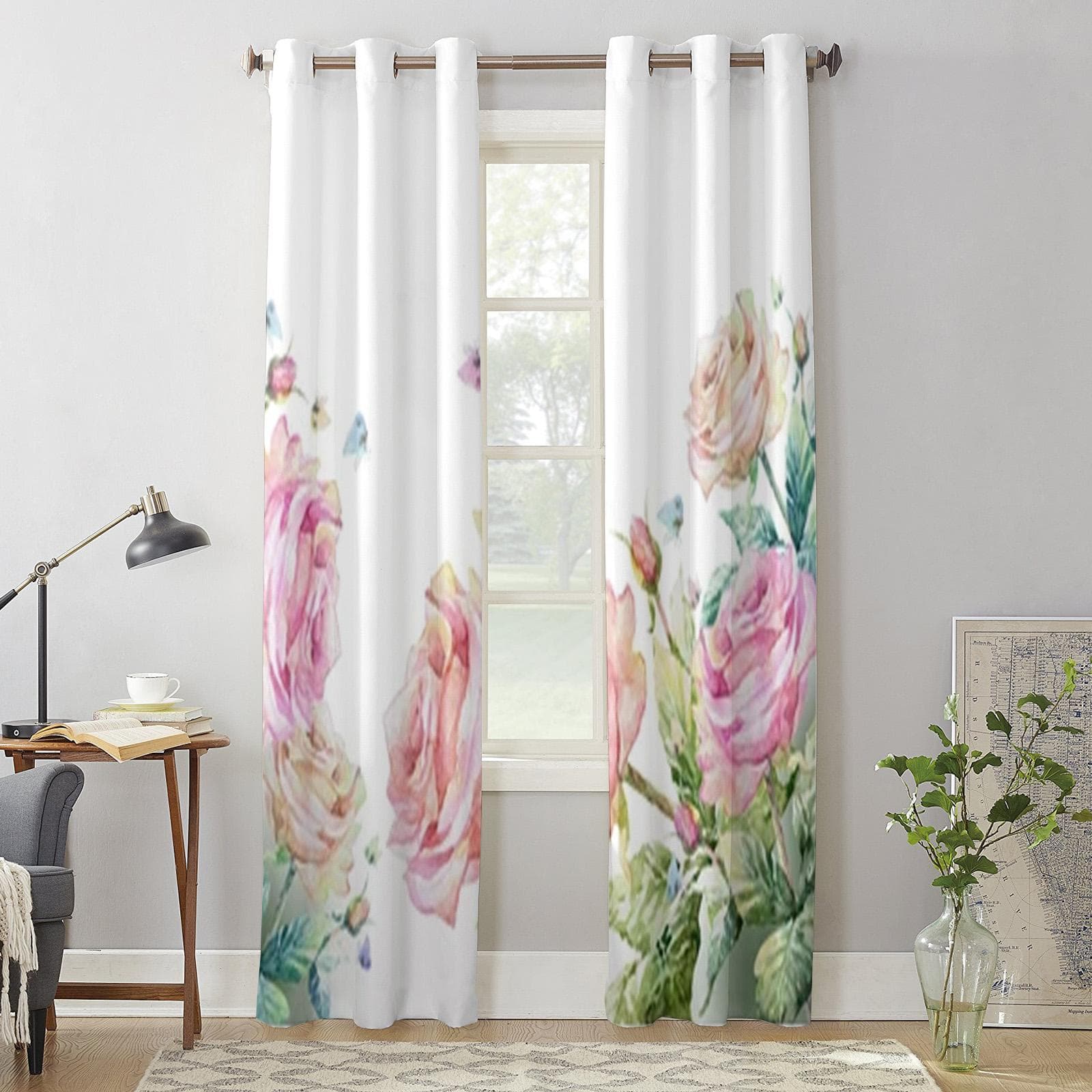 Beautiful Pink Roses With Butterflies Window Curtains For Living Room Luxury Bedroom Decor Drapes Kitchen Window Treatments 135W x 60H(cm) x1