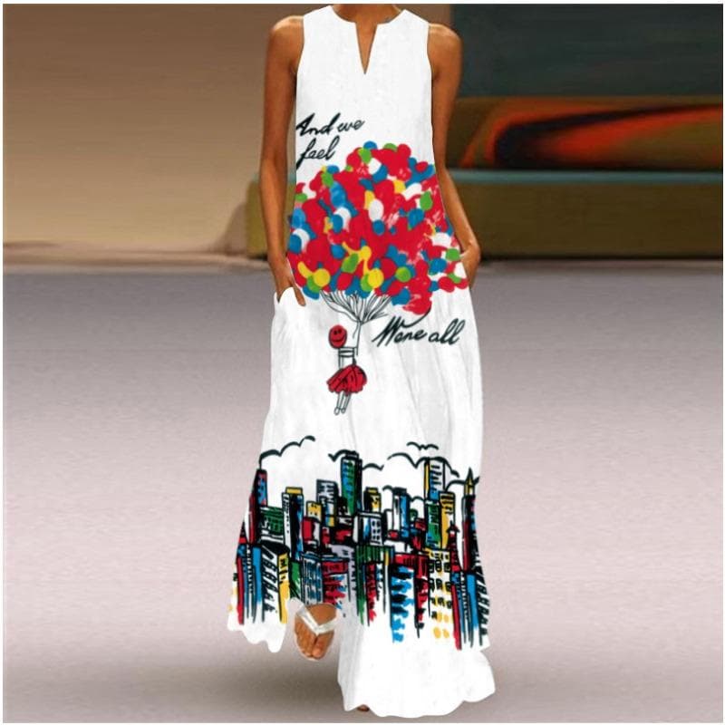 Summer Women's Dress Sleeveless Dress V-neck Print Dress S