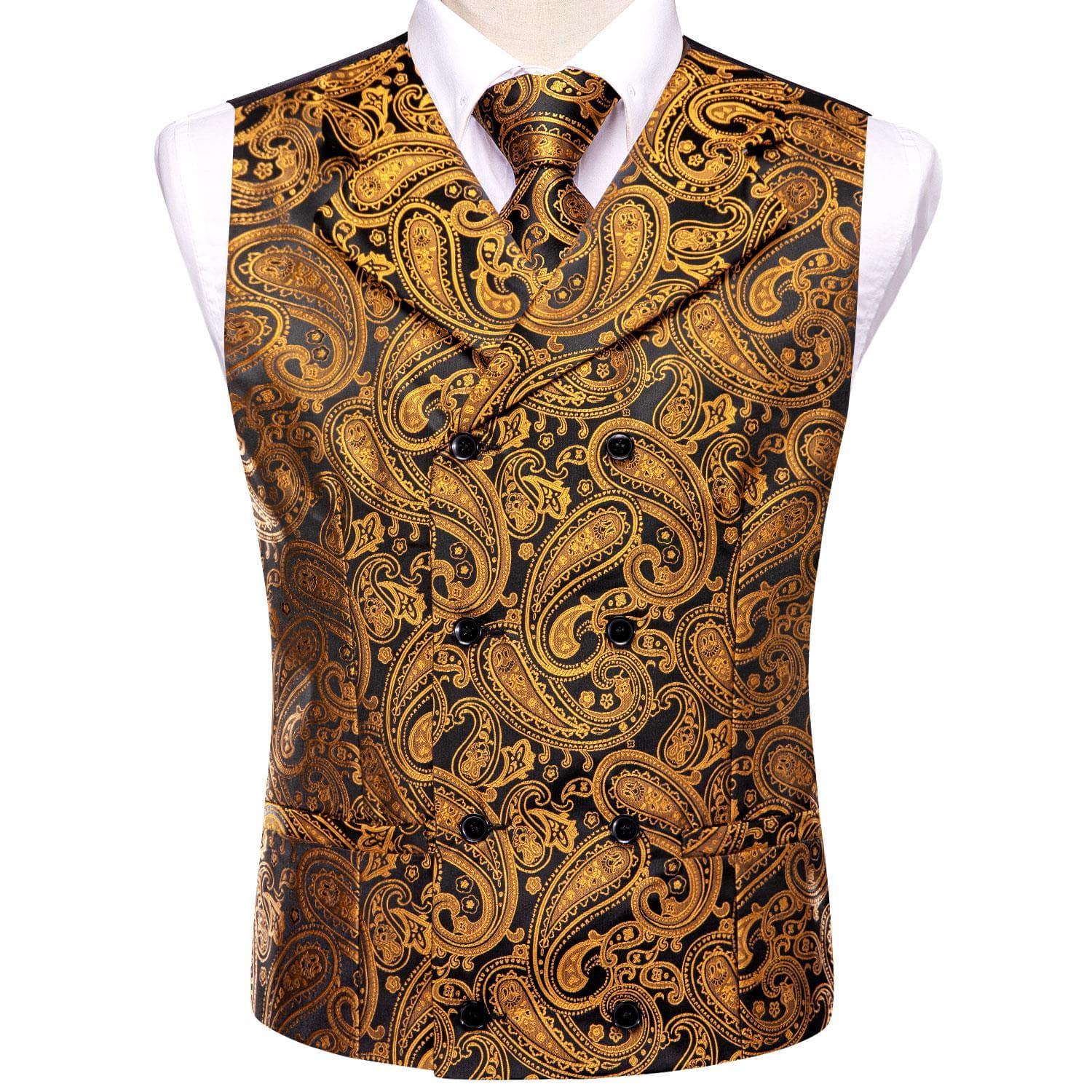 Mens Silk Victorian Vest Paisley Waistcoat Tie Hanky Cufflinks Set For Wedding M