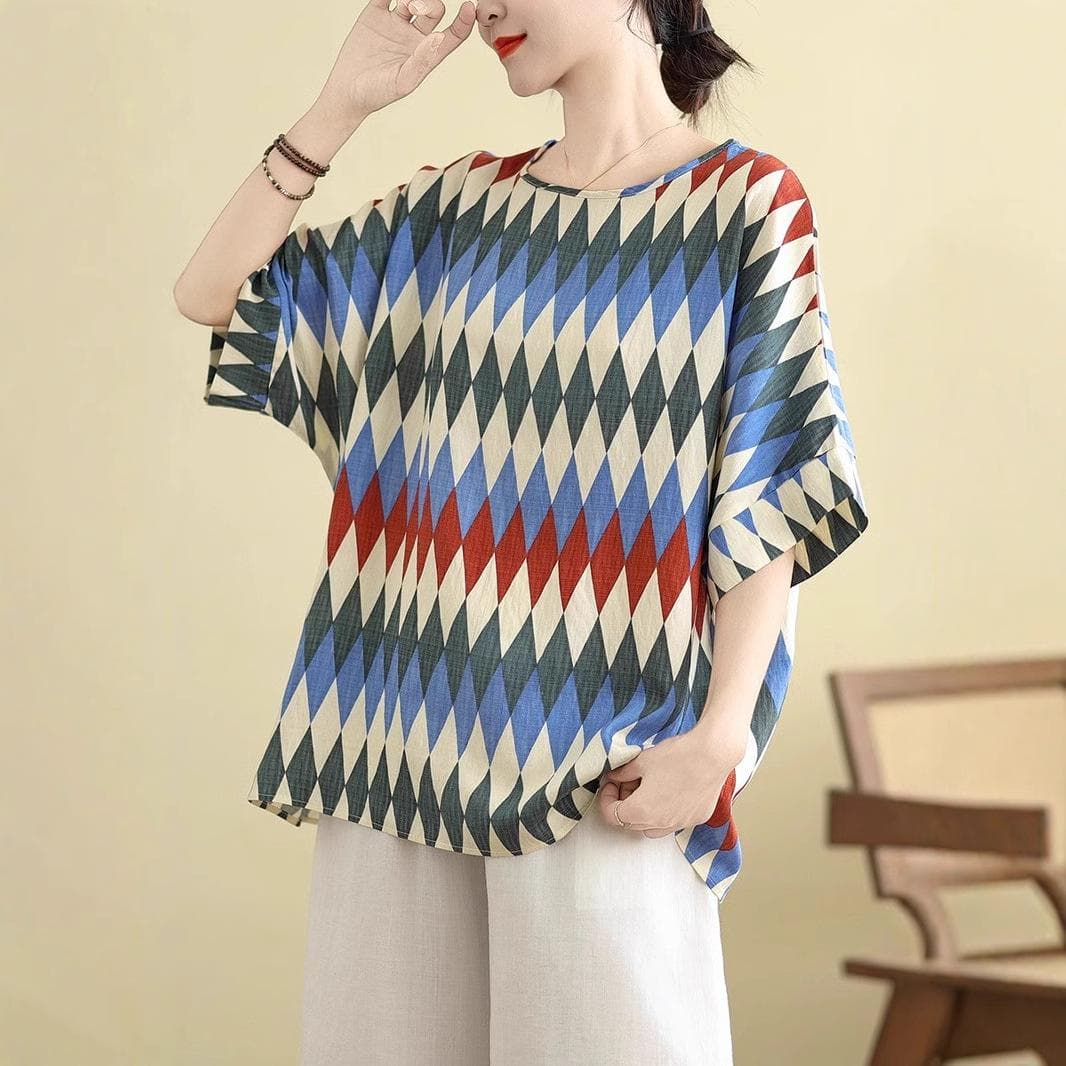 Cotton and Linen Large-size Women's Summer New Loose Slim Retro Contrasting Color Versatile Meat Cover Short-sleeved T-shirt Printed Top XXXL