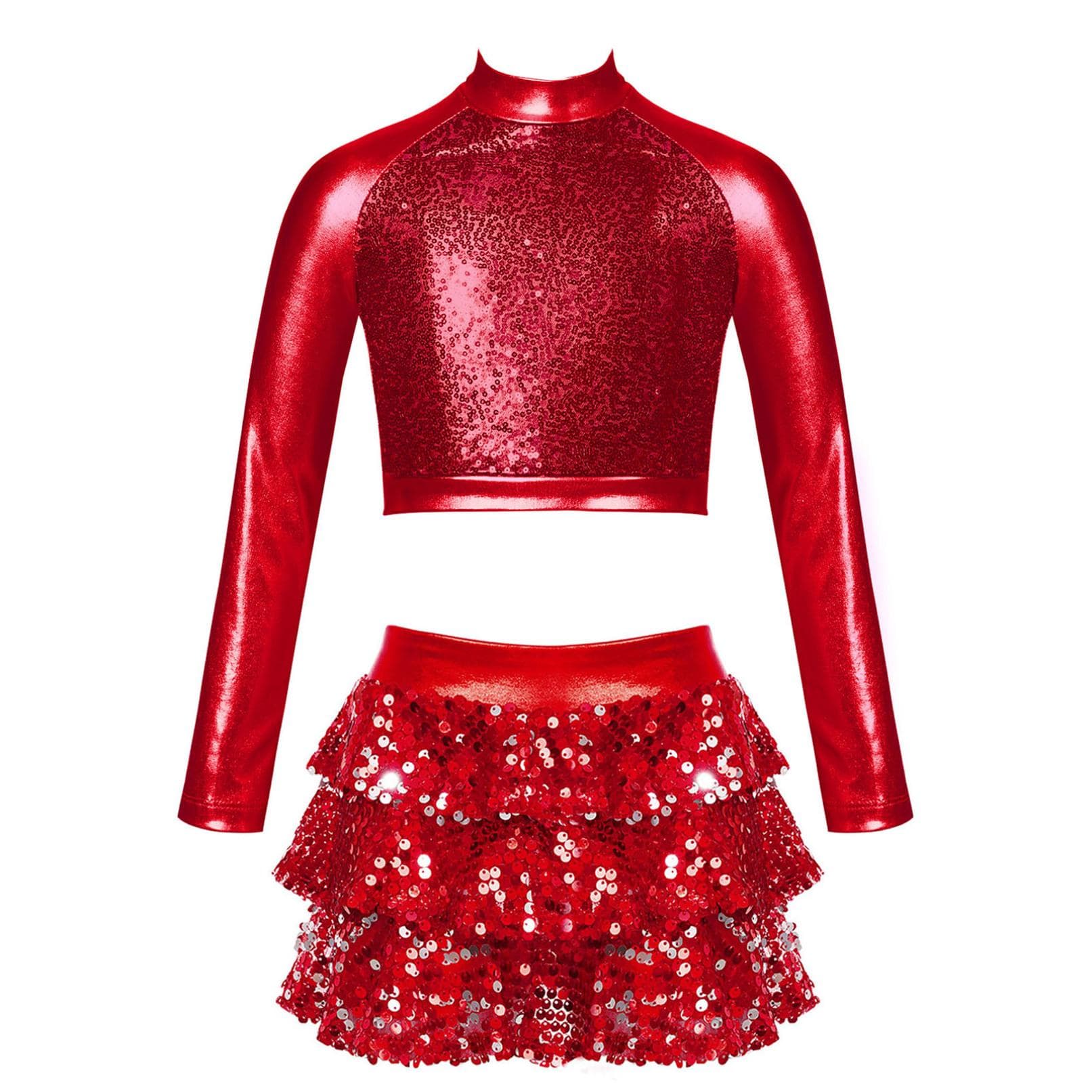 Kids Girls Shiny Sequins Jazz Hip Hop Dance Outfits Modern Dancing Costumes Performance Dancewear 6-16 Years 9-10 Years red