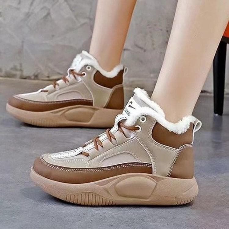 High Top Snow Boots Plush Sports Shoes Increased Leather Women's Short Boots Korean Cotton Shoes 35 khaki