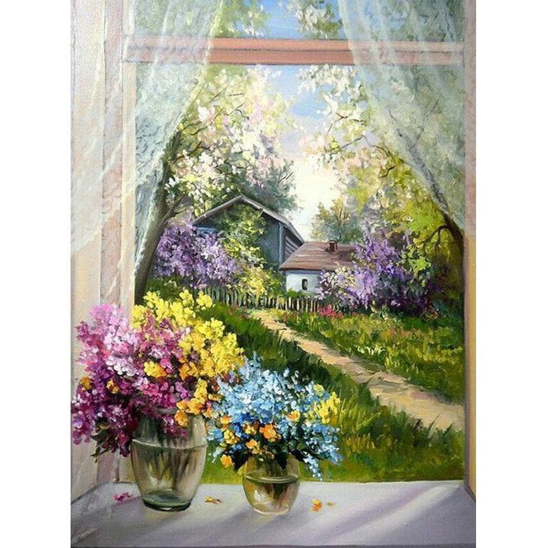 Diamond Dots Full Drill Round Window View Mosaic DIY Diamond Painting Cross Stitch Embroidery 20X30CM