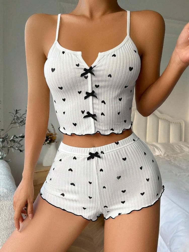 Women's Heart Print Frill Trim Sexy Ribbed Pajama Set, Bow Decor Notched Neck Backless Crop Cami Top & Shorts,Summer Nightwear XL white