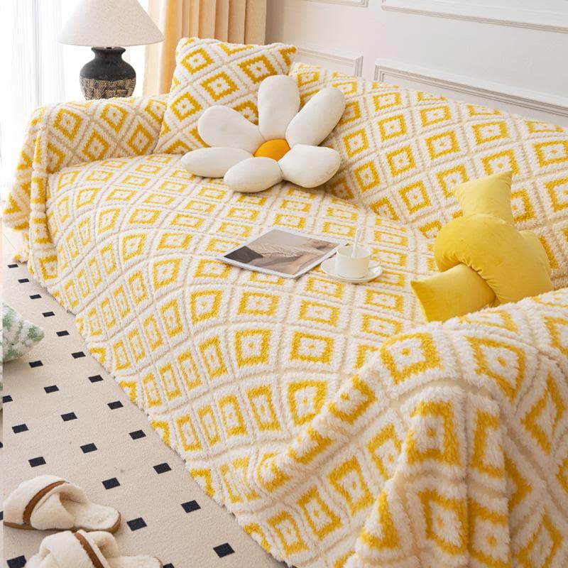 Sofa Cover Backrest Towel Checkered Jacquard Double-sided Velvet Autumn Winter Thickened Cream Colored Dust-proof Blanket Full 180x130cm1pcs