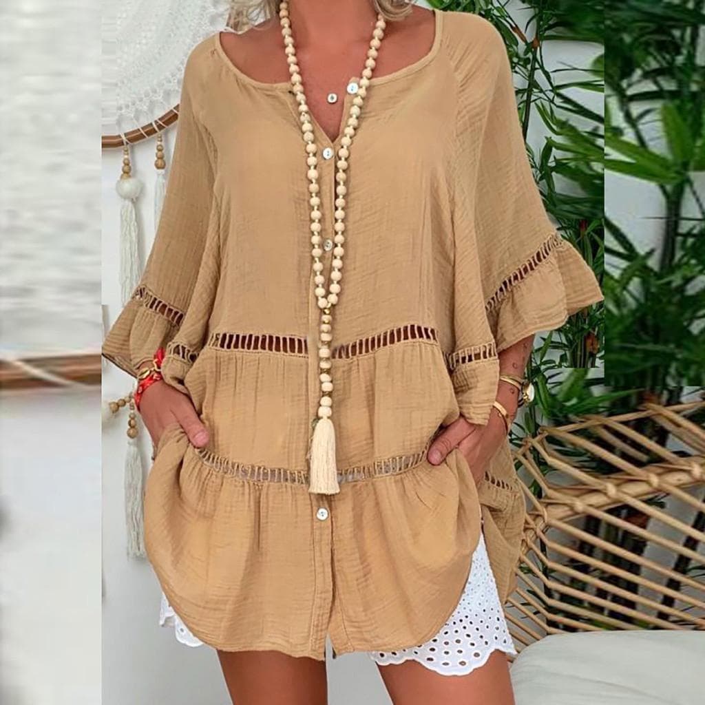 Women Flare Sleeve Cotton Shirt Oversized Hallow Out Loose Blouses Solid Color Yellow White Buttoned Ruffle Plus Size Tops M brown