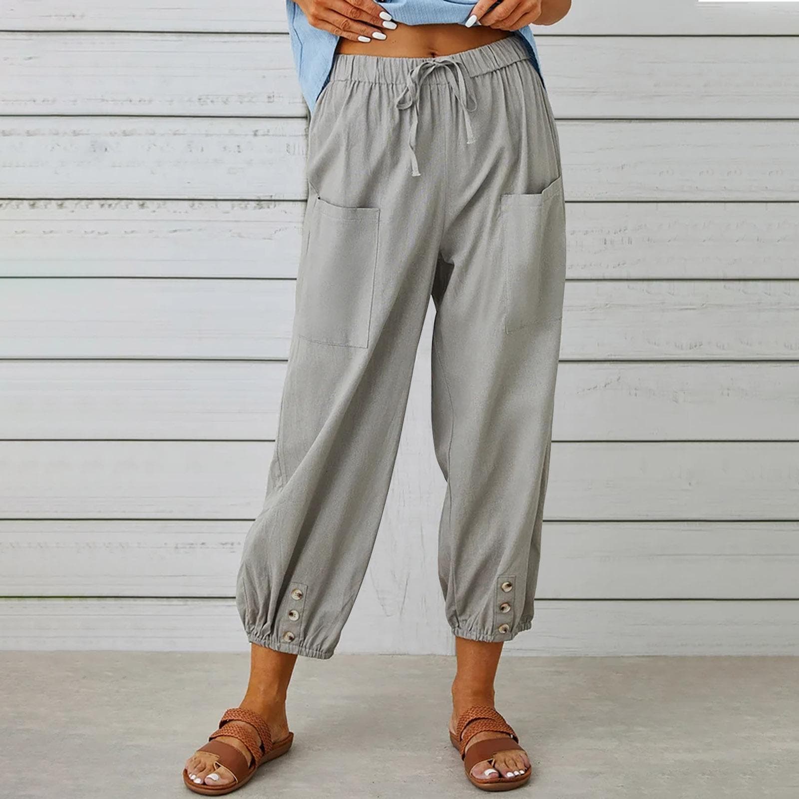 Summer Women's Pants Loose High Waist Button Cotton Linen Pants Nine-point Pants Wide Leg Pants 5XL light grey
