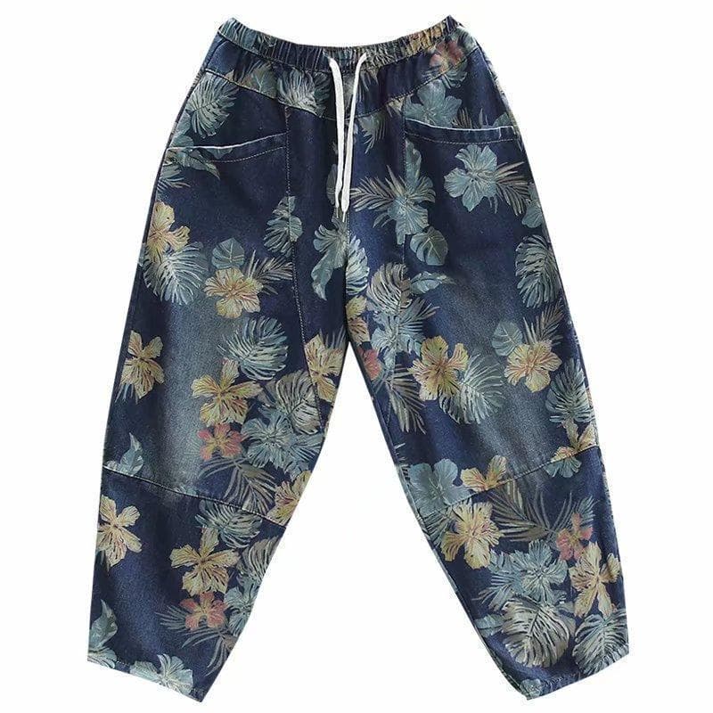 Printed Haren Jeans Women's Autumn Retro Loose Patchwork Pants Elastic Waist Casual Carrot Pants 2XL blue