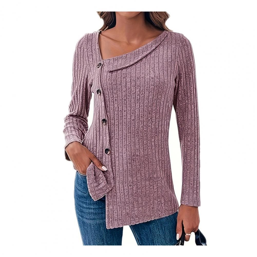Fall Spring Women Top Slant Neck Oblique Irregular Single-breasted Buttons Long Sleeve Knitted Solid Color Soft Elastic Lady Swe M red