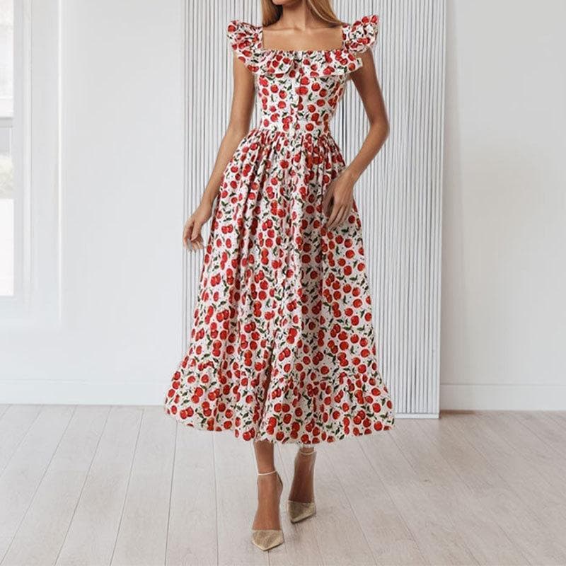 Spring New Women's Clothing Temperament Sexy Square Neck Floral Waist Pendulum Dress 3XL red