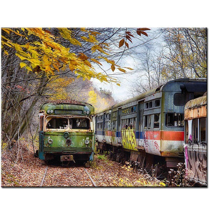 Diamond Painting Embroidery Cross Stitch Artwork Full Round Rhinestones Old Train Landscape Sticker 20X30CM