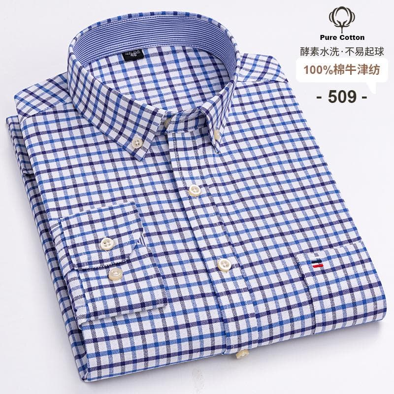 100% Cotton Oxford Men's Shirts Long Sleeves Plaid Soft Regular Fit Formal Dress Shirt Pocket Social Blouse Male Clothes S-7XL L