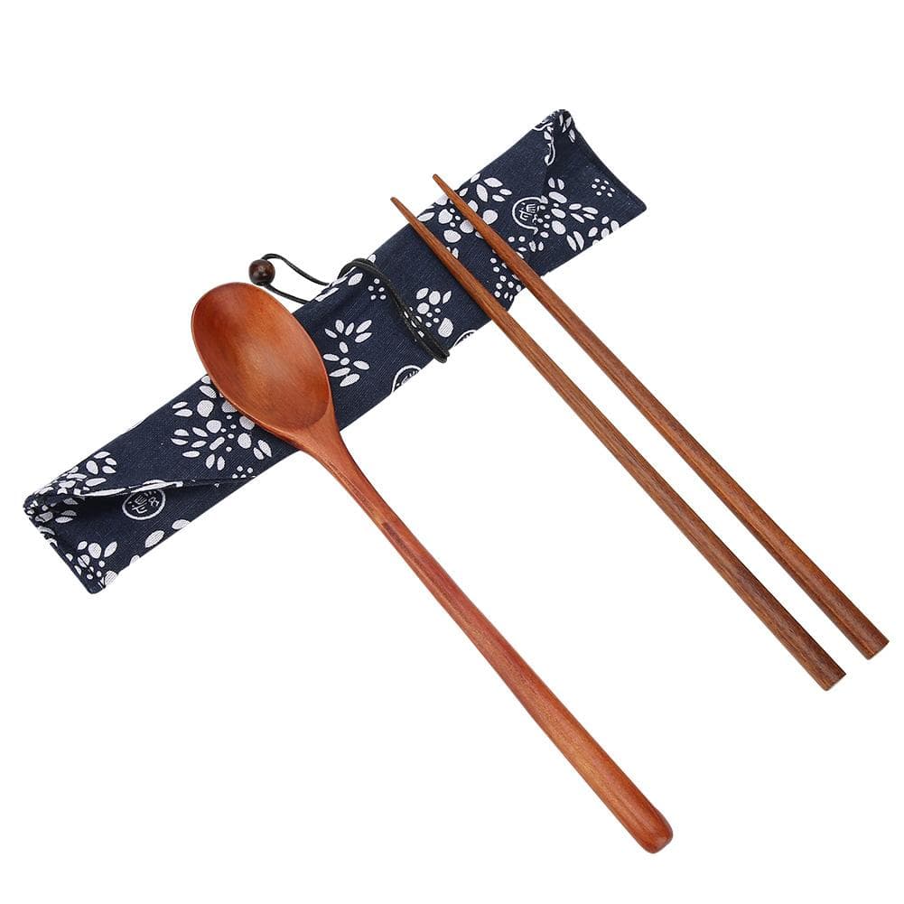 Portable Wood Tableware Set Chopsticks Coffee Spoon Kit for Outdoor Travel Office Use