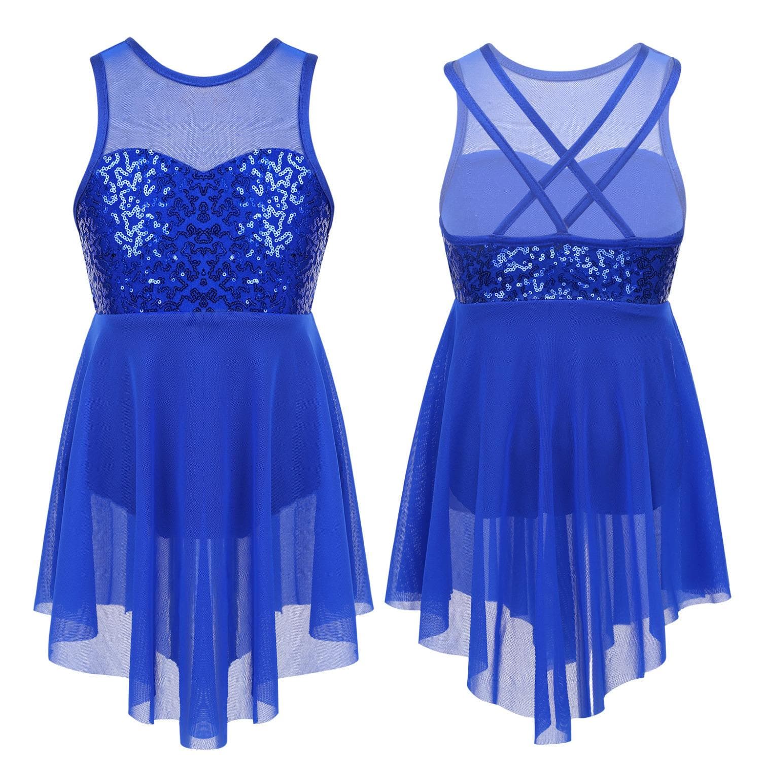 Kids Girls Sequins Ballet Latin Lyrical Leotard Dress Modern Dance wear Shiny Dancing Costume Irregular Skirt 5-6 Years blue