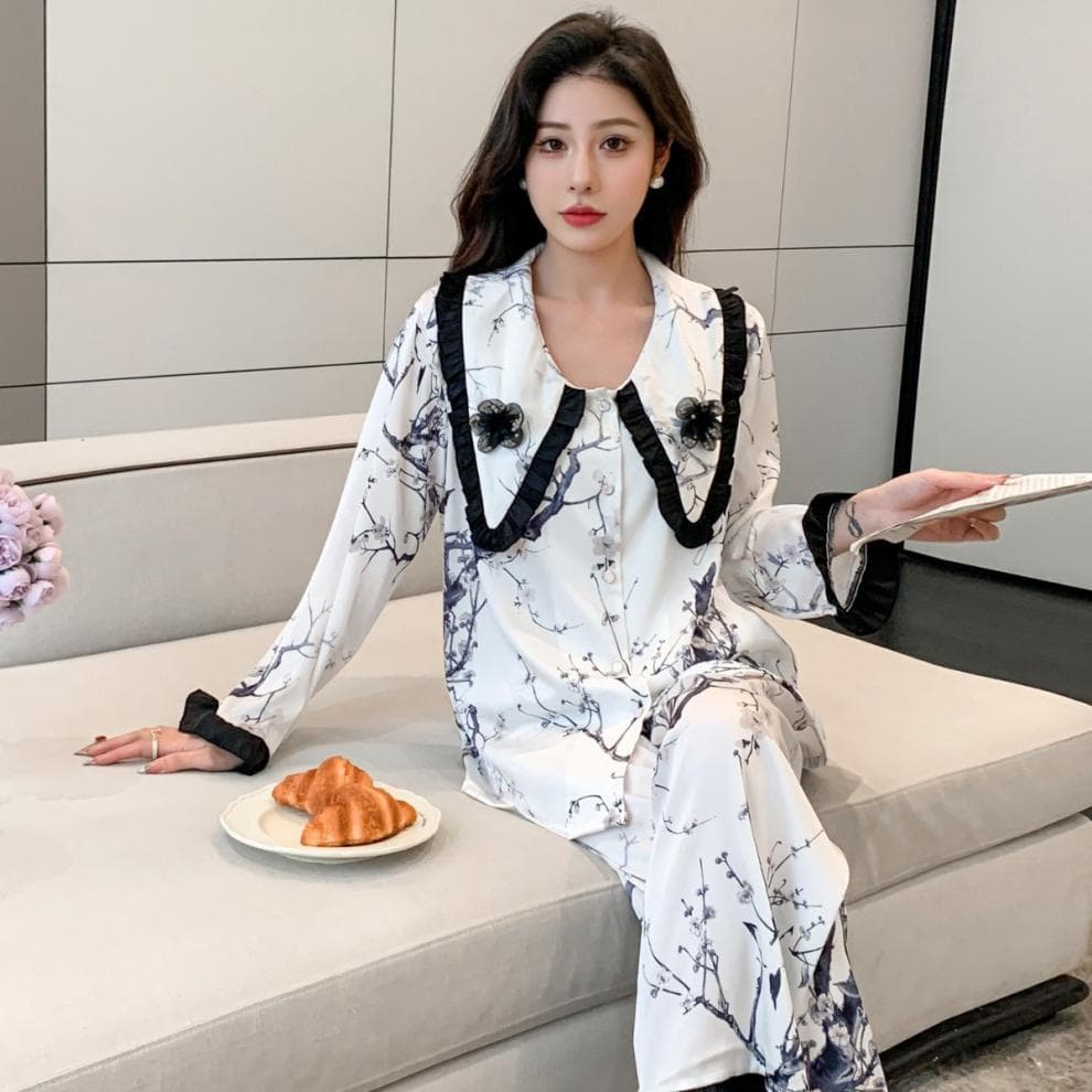 Ink Element Cool Big Lapel Spring New Pajamas for Women Ice Silk Long-sleeved Casual Home Wear XXL