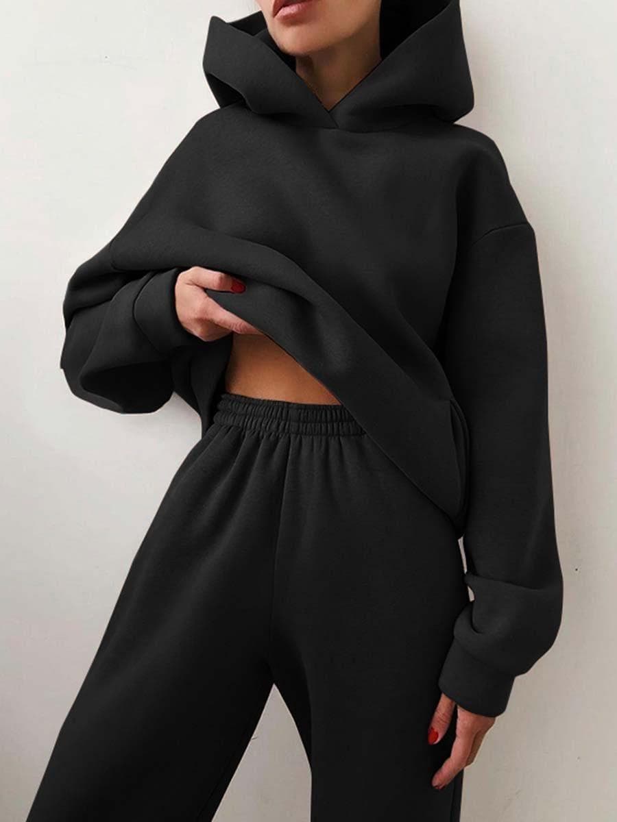 Women Elegant Solid Sets For Women Warm Hoodie Sweatshirts And Long Pant Fashion Two Piece Sets Ladies Sweatshirt Suits S black