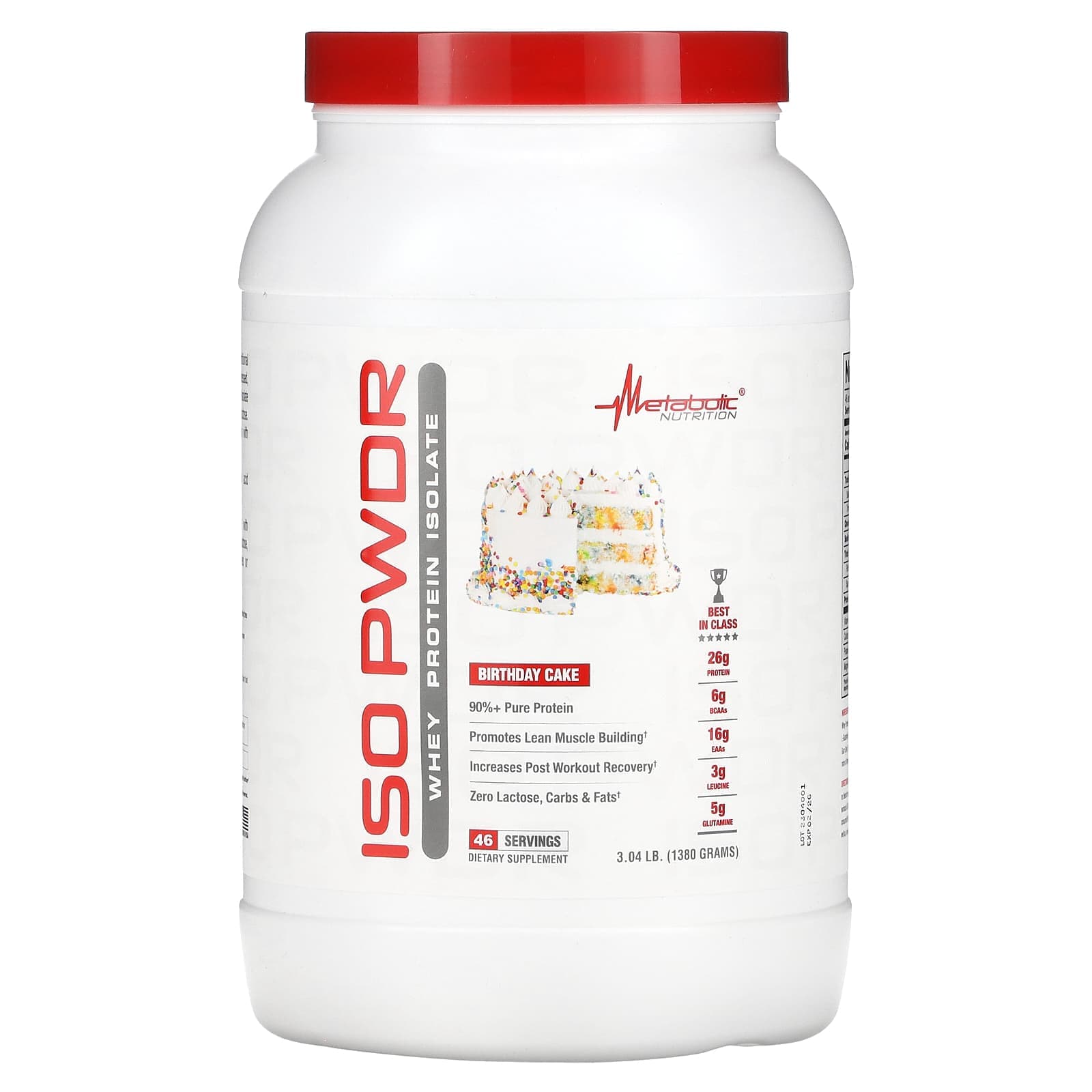 Metabolic Nutrition, ISOpwdr, Whey Protein Isolate, Birthday Cake, 3.04 lb (1,380 g)