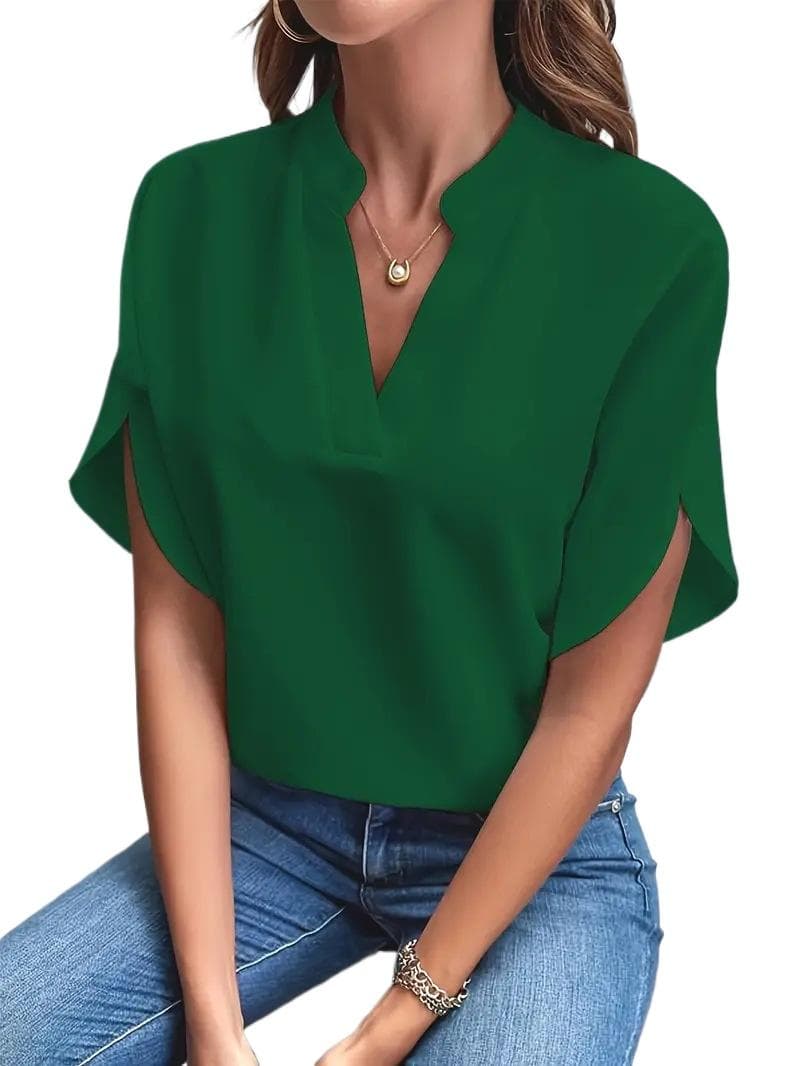 GMXIA Women's Fashion Casual Summer Solid Color Print Short Sleeve V-Neck Blouses & Shirts S green