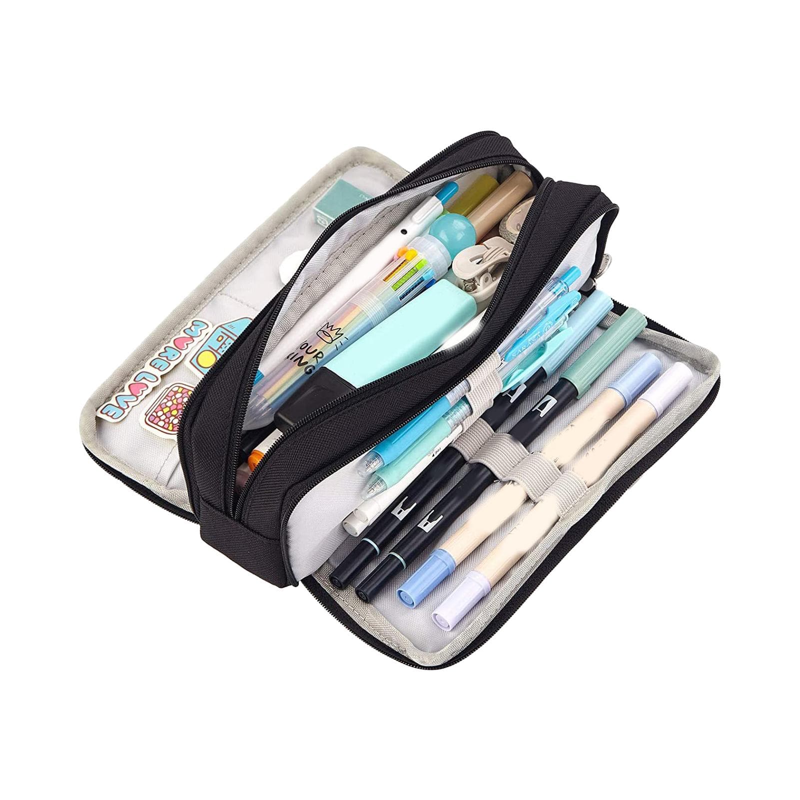 Pencil Pouch With 3 Compartments Large Capacity Double Opening Soft Canvas Dustproof Zipper Pencil black