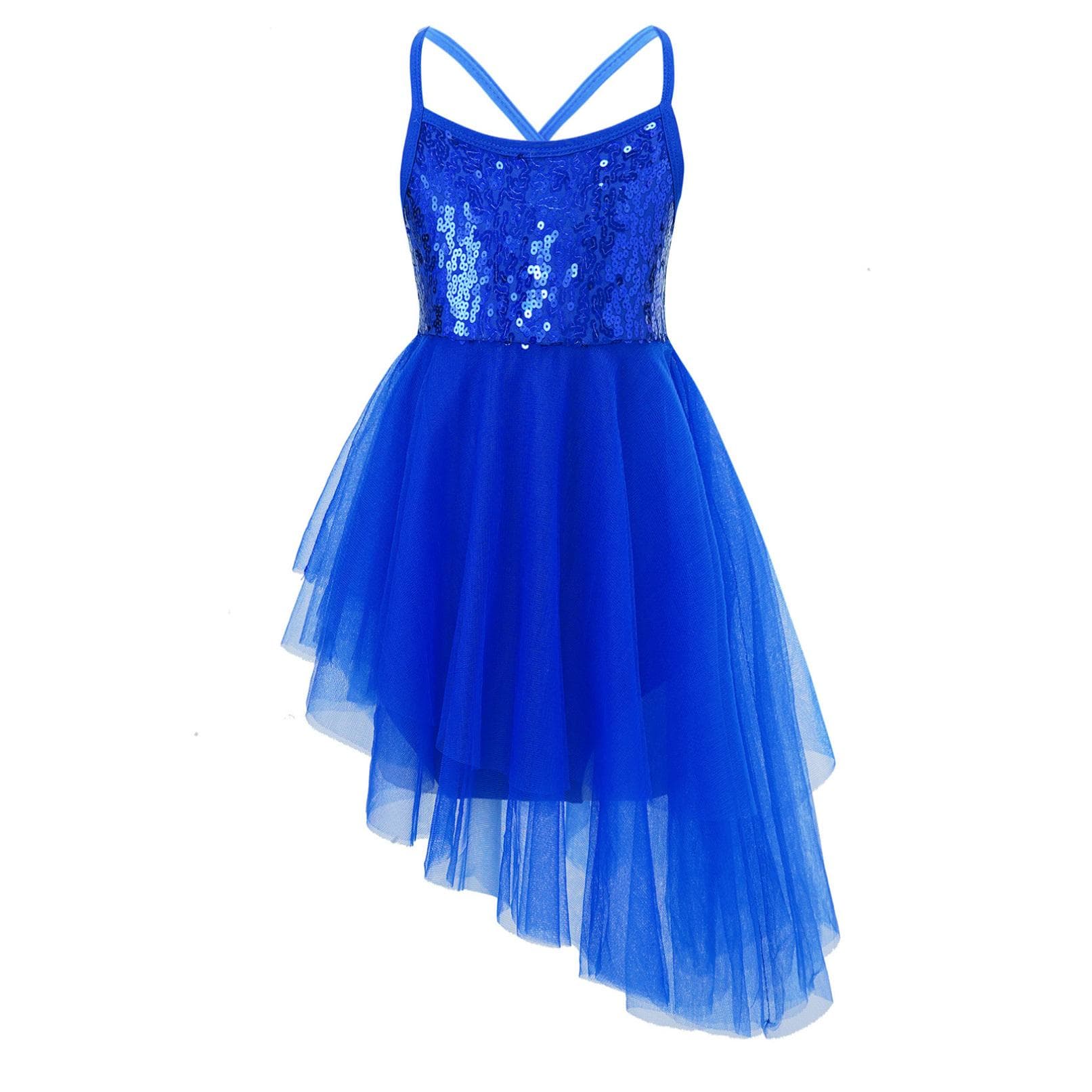 Kids Girls Stage Dance Clothing Sleeveless Sequin Asymmetrical Tulle Ballet Dance Gymnastics Leotard Dress 13-14 Years dark blue