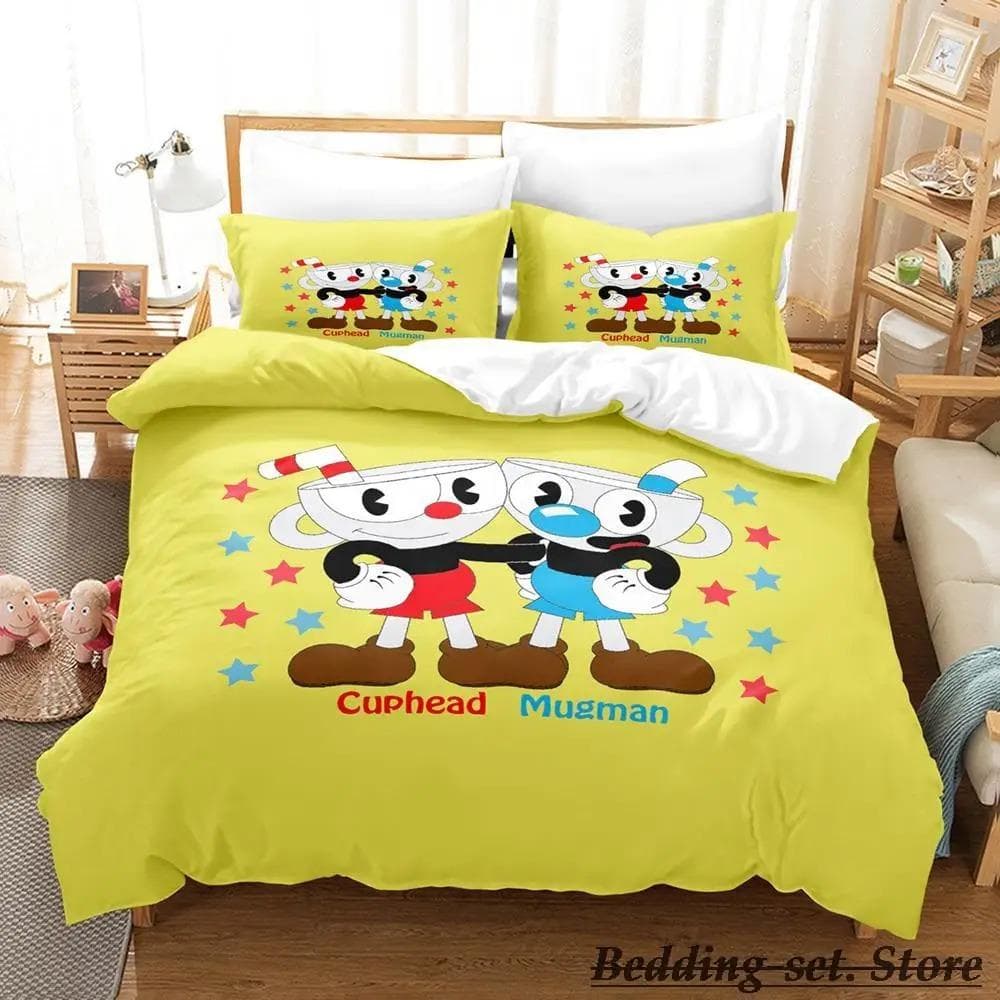 Game Cuphead Mugman Bedding Set Cartoon Anime three-piece set Adult Kid Bedroom Duvetcover Sets 3D Kawaii cama de casal US Full 200x230cm