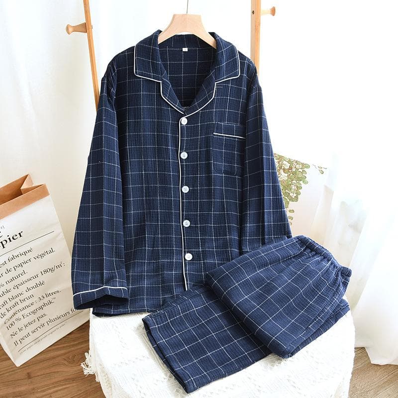 Spring and Autumn New Men's Pajama Set 100%Cotton Plaid Long Sleeved Pants Two Piece Set Cardigan Large Size Homewear XL