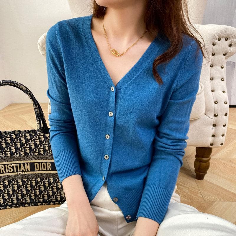 Spring and Autumn Women's Cardigan Jacket V-neck Knitted Cardigan Short Loose Peplum Sweater Thread Sweater S blue