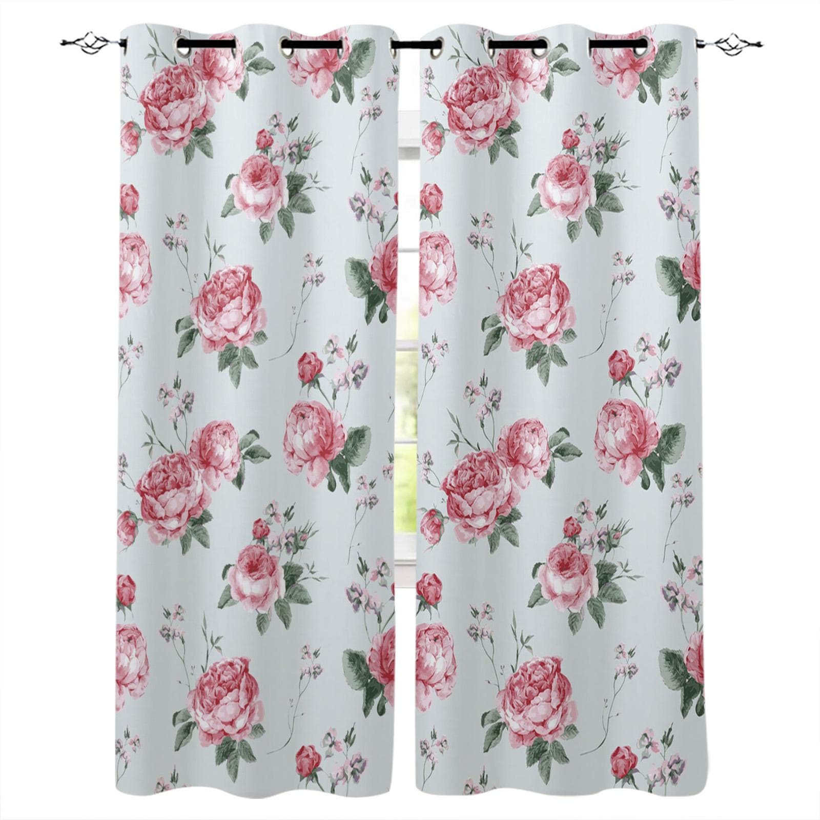 Pink Rose Romantic Window Curtains Kitchen Drapes Panel Home Decor Curtains for Living Room Curtains for Bedroom 135W x 60H(cm)