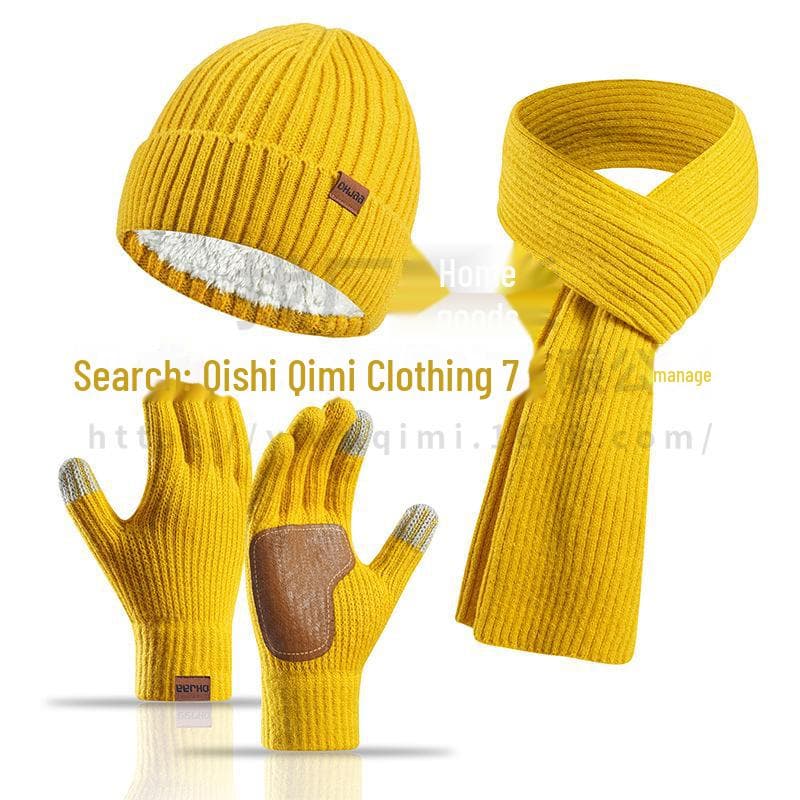 European & American Women's Winter Wool Hat, Scarf, and Leather Gloves Set - Non-Slip, Three-Piece mustard/yellow