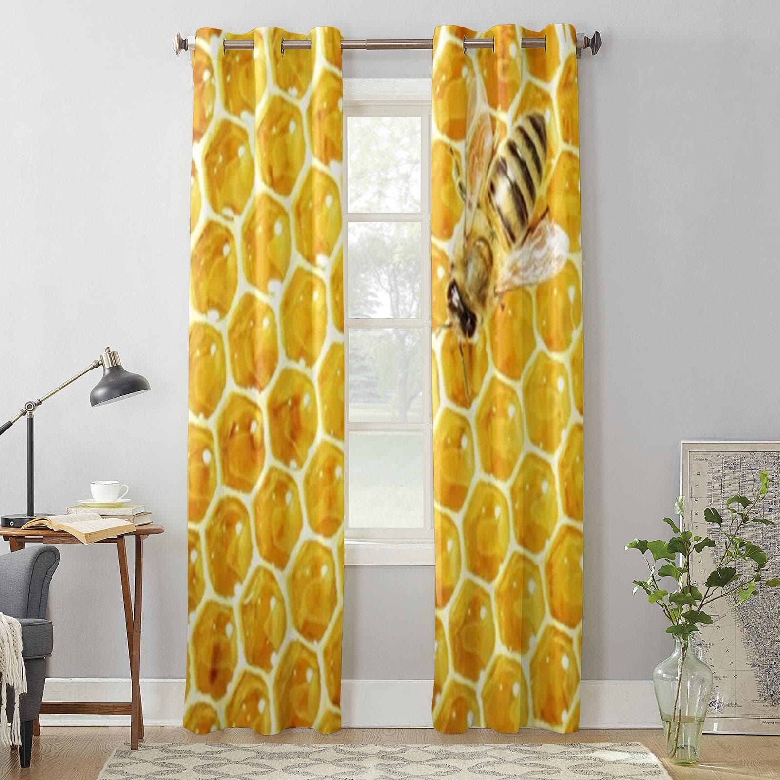 Bee Honeycomb Window Curtains For Living Room Luxury Bedroom Decor Drapes Kitchen Window Treatments Curtains 135W x 60H(cm) x1