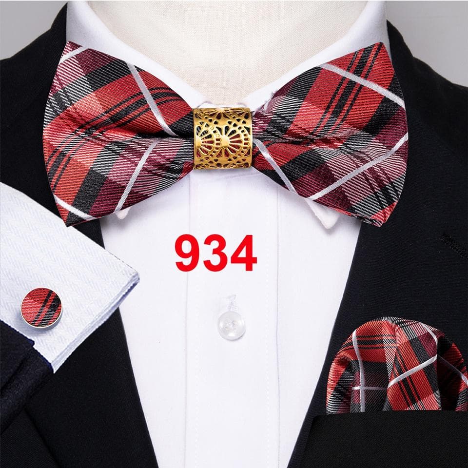 Barry.Wang Bowtie for Men Paisley Plaids Silk Pretied Bowtie Hanky Cufflinks Set LH-0934