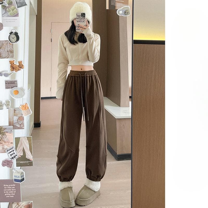 White Hoodies for Women In Autumn and Winter New High-waisted Straight and Loose Slimming Wide-leg Casual Plus Velvet Thick Sports Pants XL