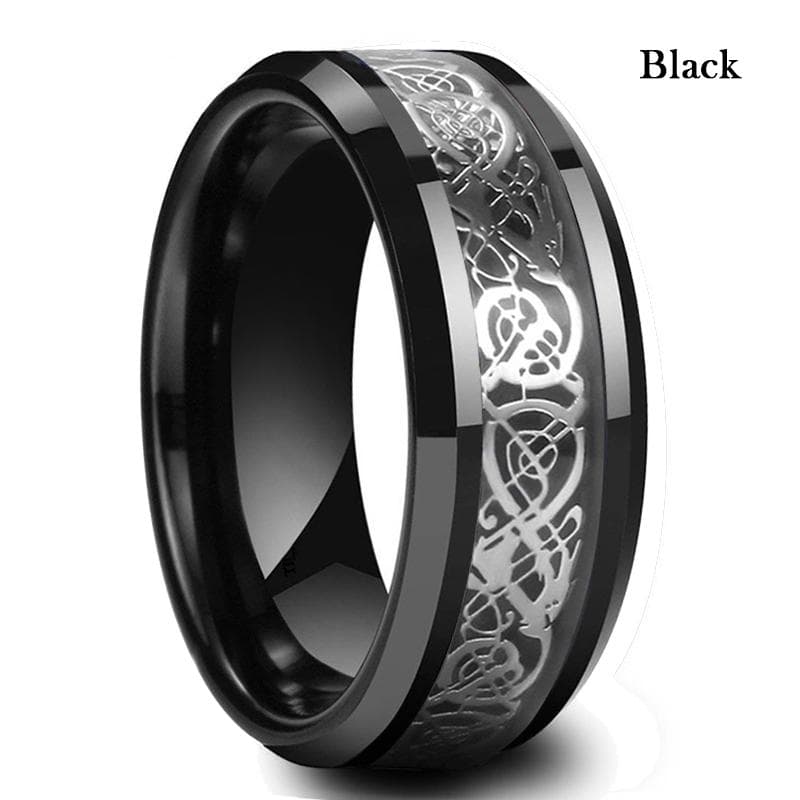 8 Colors 8mm Men's Stainless Steel Dragon Ring Inlay Red Green Black Carbon Fiber Ring Wedding Band Jewelry Size 7-12 10 black