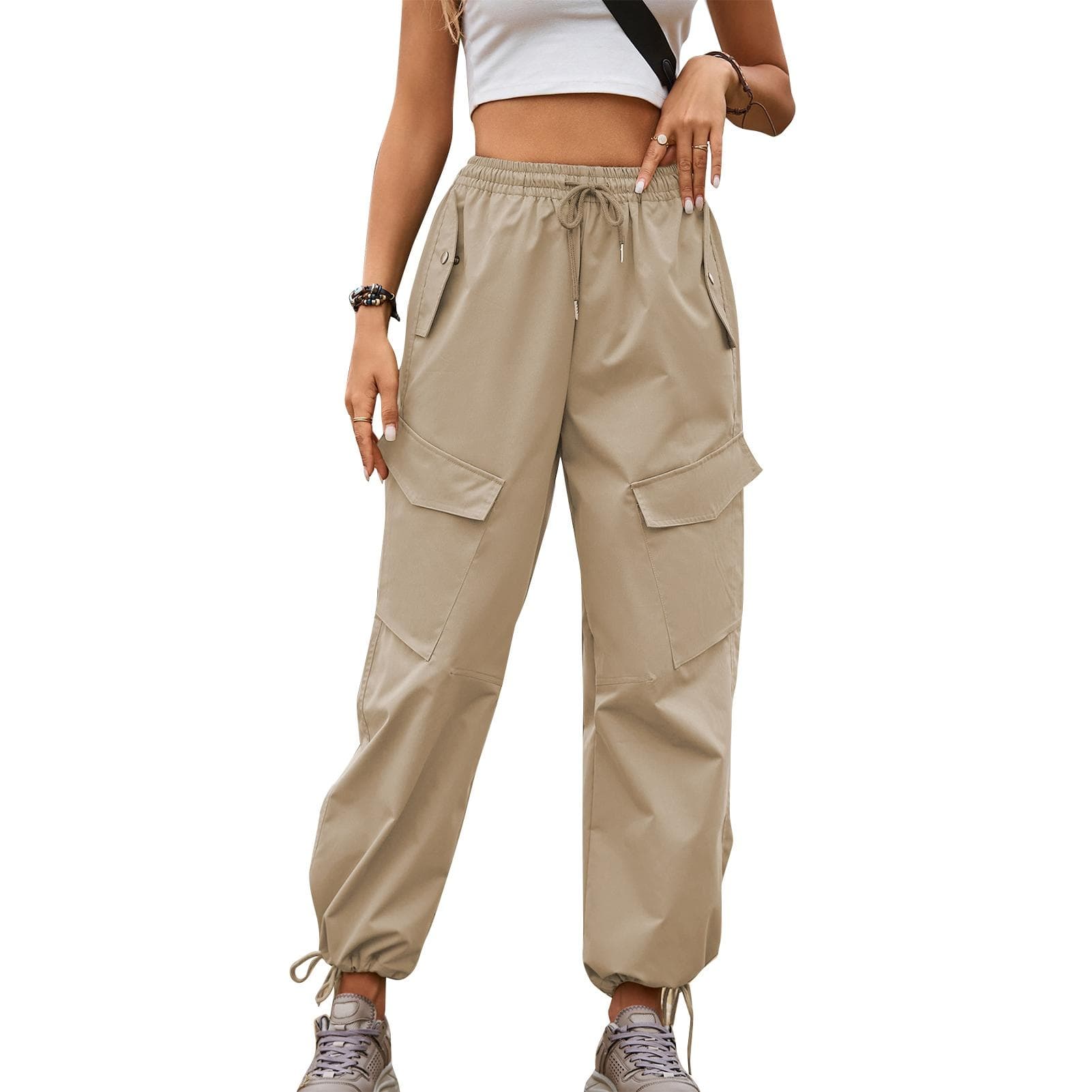 Baggy Pants with Large Pocket Tapered Cuff Pants Drawstring Closure Elastic Waisted Casual Pants S khaki